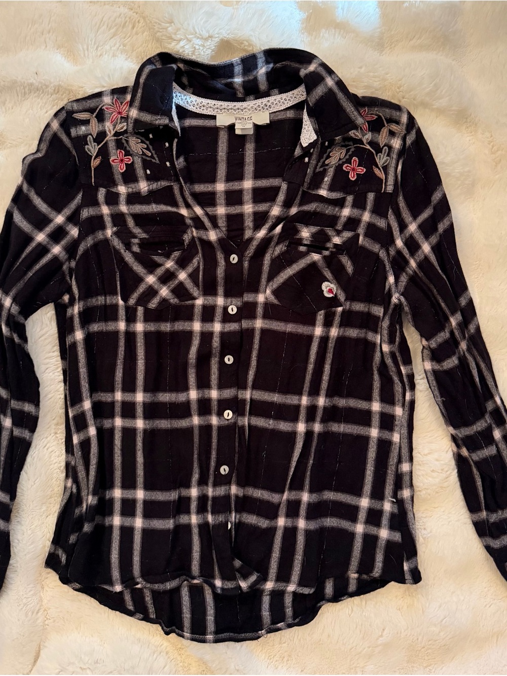 Vintage America Black & White Plaid Button-Down Shirt with Floral Embroidery